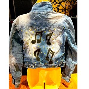 Handcrafted unique one-of-a-kind music note Jean jacket size med